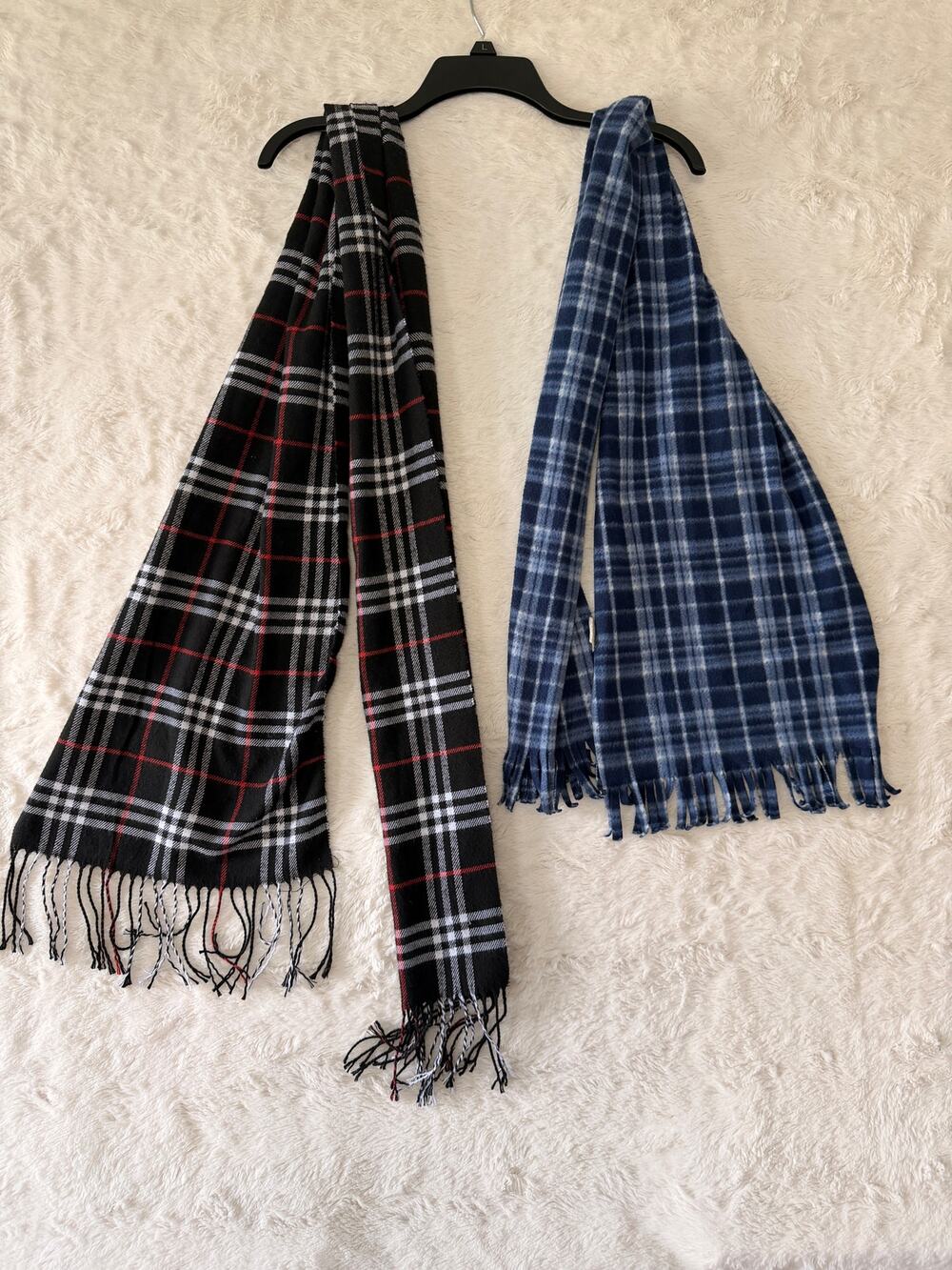 Plaid Fringe Scarf Lot 2 Piece Black Red Tartan Blue Check Fleece Winter Unisex